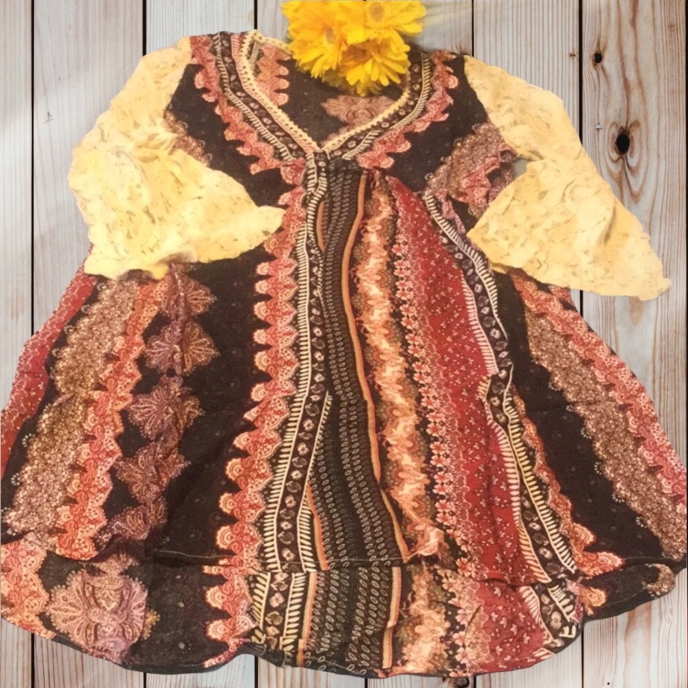 ❌DONATED❌Burgundy Black Stripe Pattern V-neck Boho Lace Sleeve Dress - Picture 5 of 11